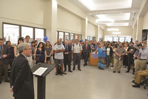 President Salovey addresses the crowd at the Sterling Chemistry Lab (SCL) ribbon-cutting event